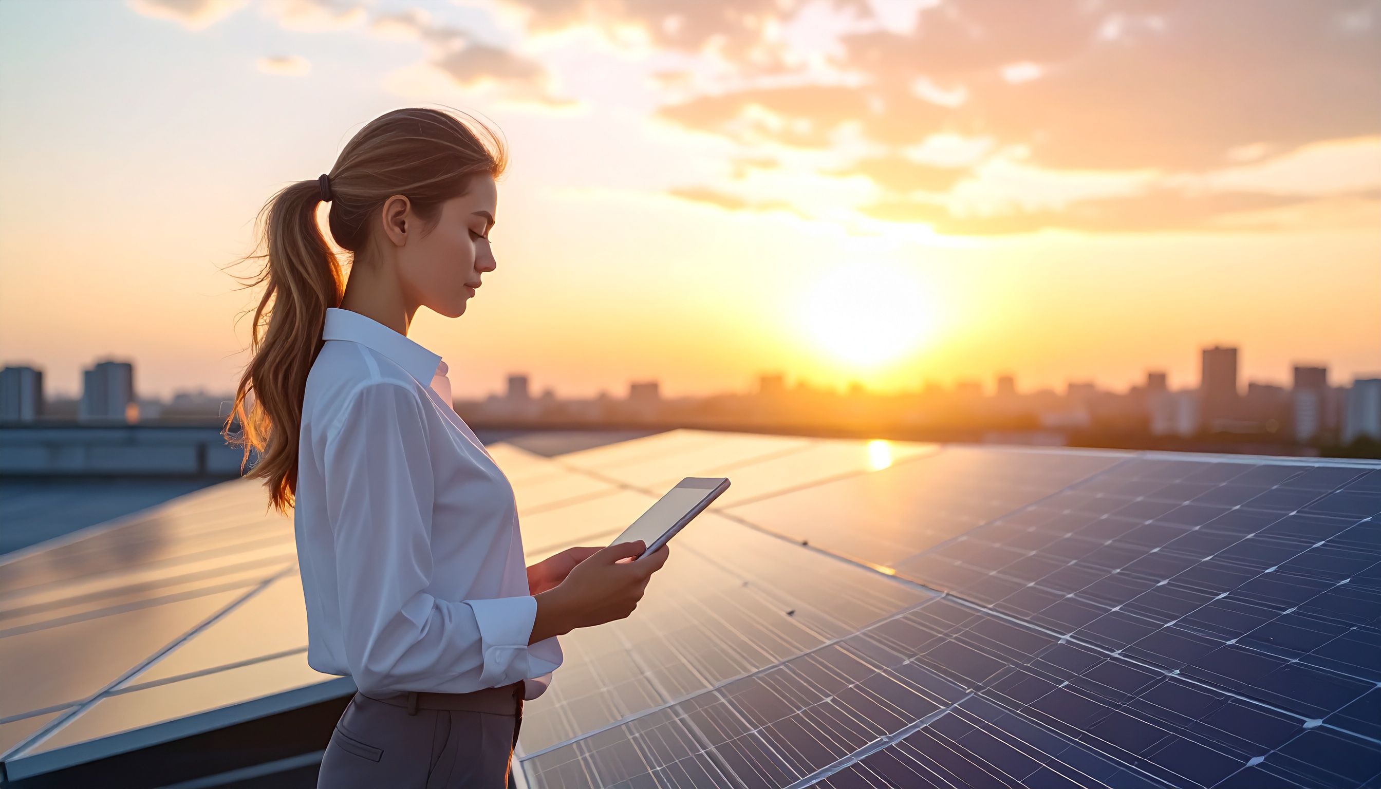 Mulher em perfil segurando um tablet enquanto observa painéis solares ao pôr do sol, criam uma atmosfera serena e tecnológica. A iluminação suave do crepúsculo destaca as silhuetas dos prédios ao fundo, compondo uma cena equilibra entre modernidade e natureza. A camisa branca da mulher contrasta com o céu alaranjado, em uma composição harmoniosa e futurista.